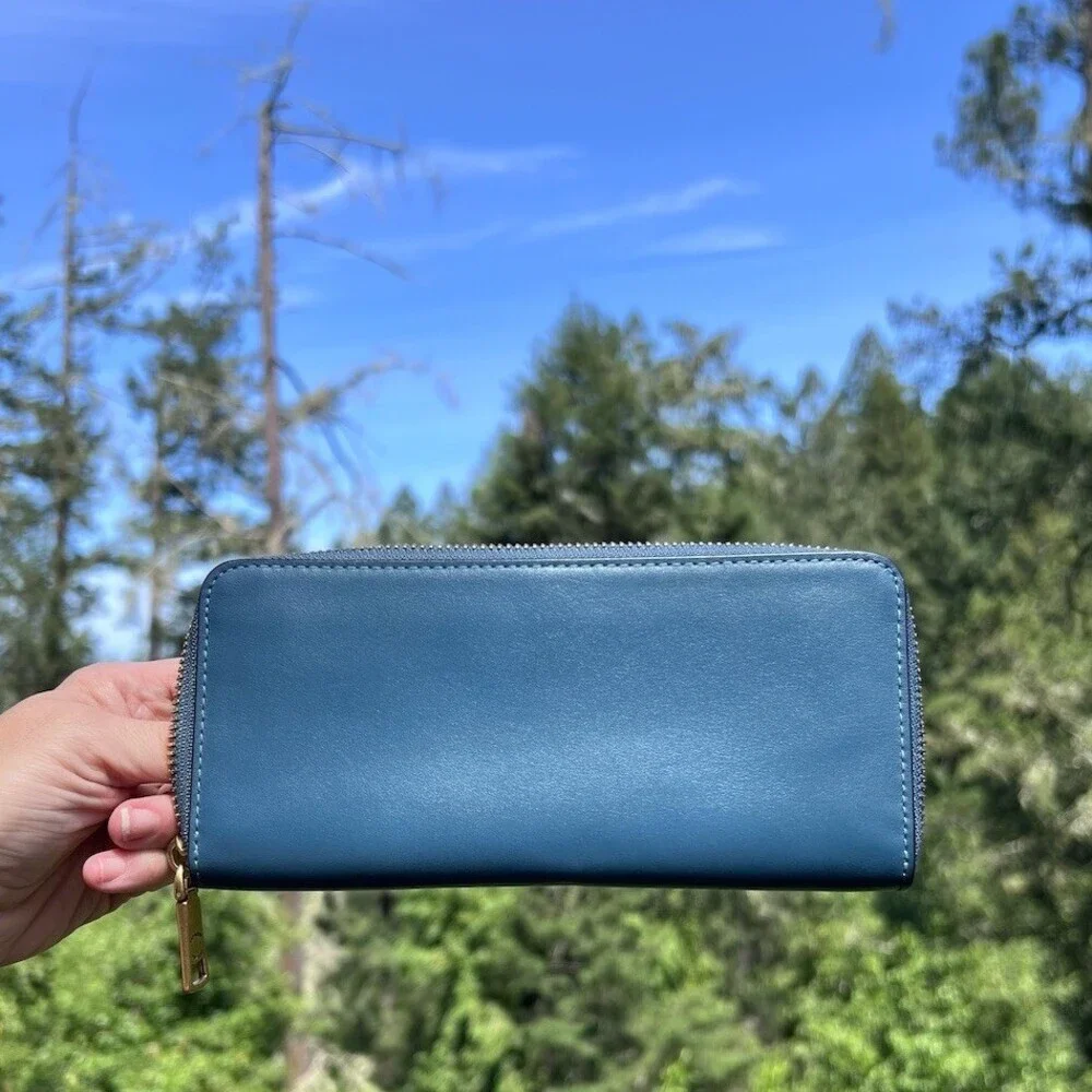 COACH Long Zip-Around Wallet Blue Smooth Leather with Brassy Gold Logo Hardware